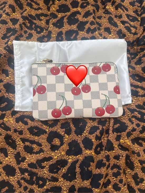 Handbags - Checkered Cherry Zip Pouch - Cream and Red